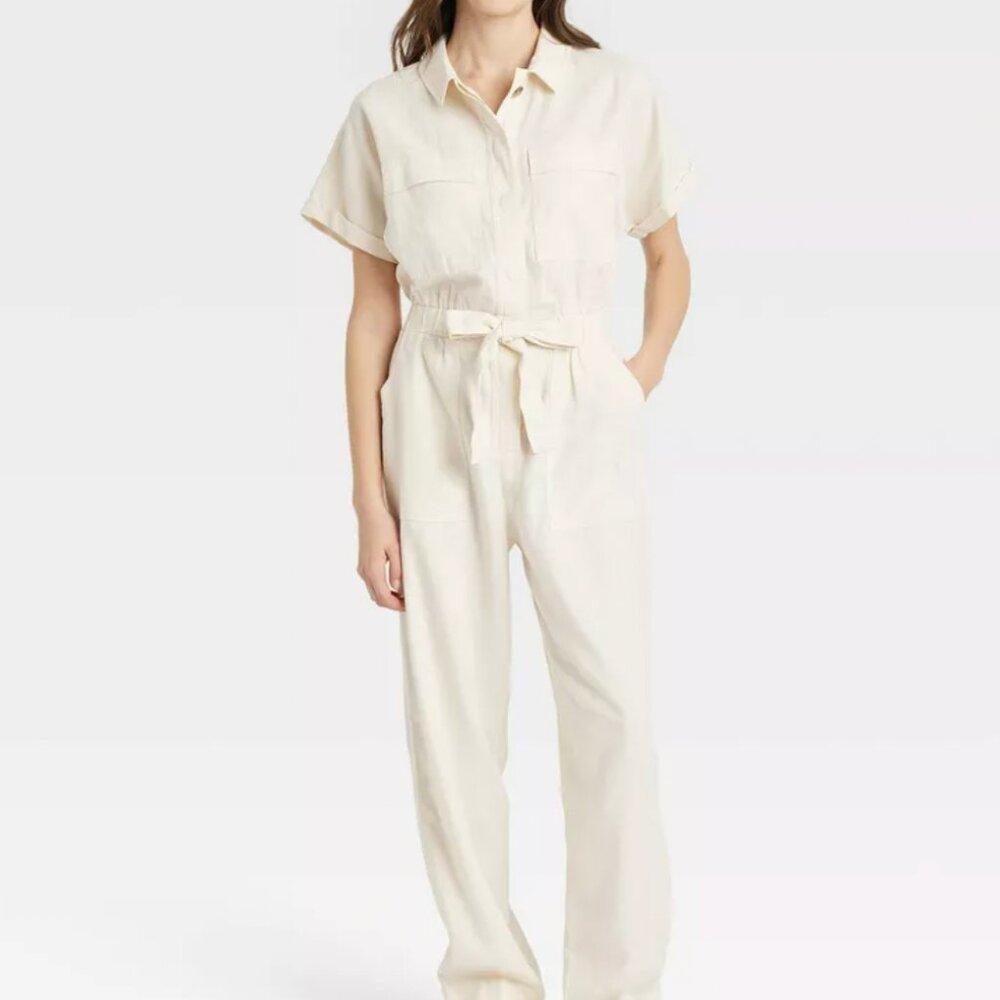 White Linen Short Sleeve Jumpsuit, Size 4